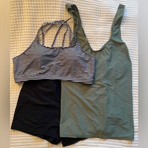 NWOT’S Women’s 3pc Striped Sports Bra, Black Shorts & Olive Tank Trio Swim Set